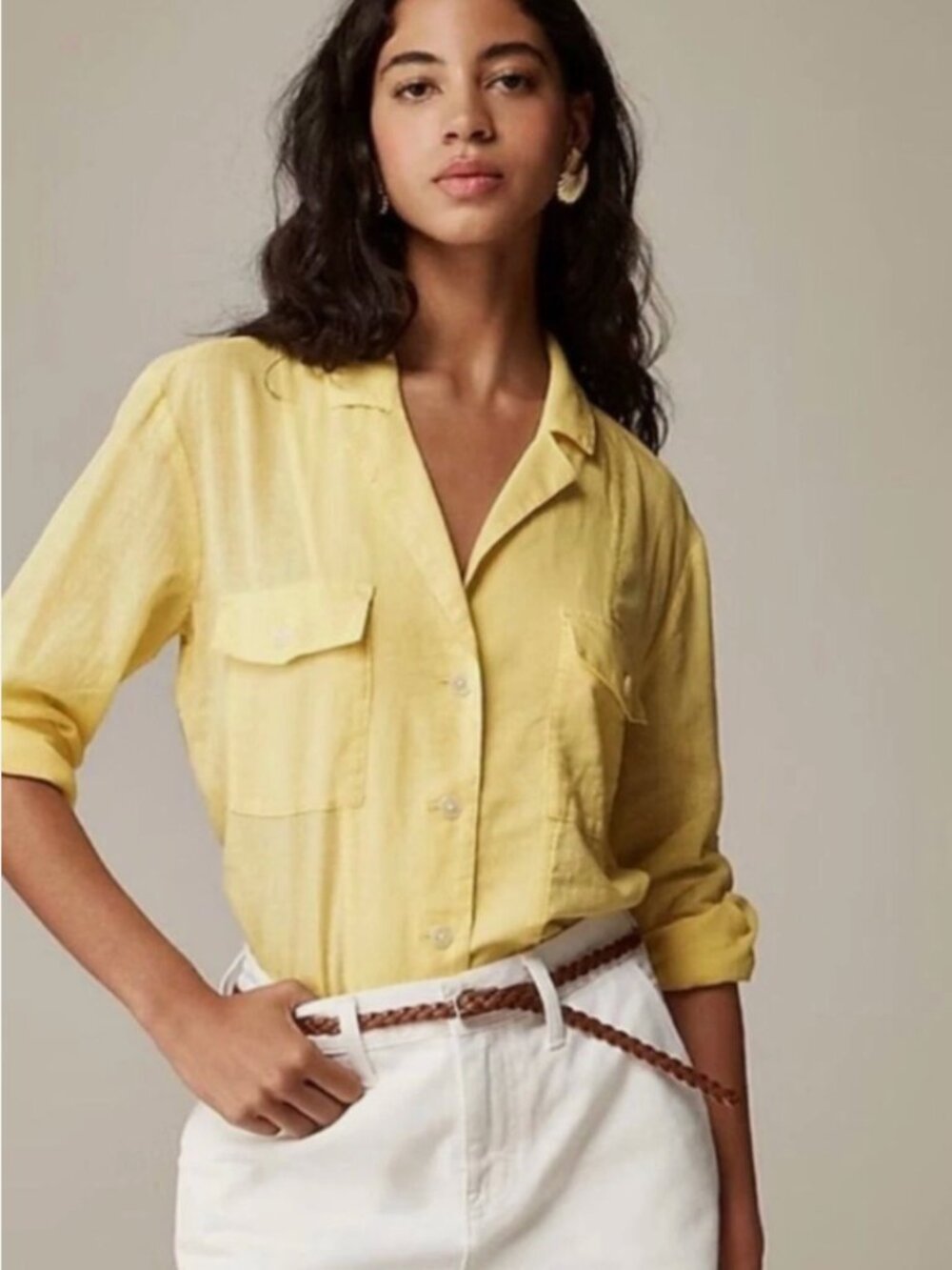 JCrew: Camp-collar shirt in featherweight linen blend; Fresh Lemon